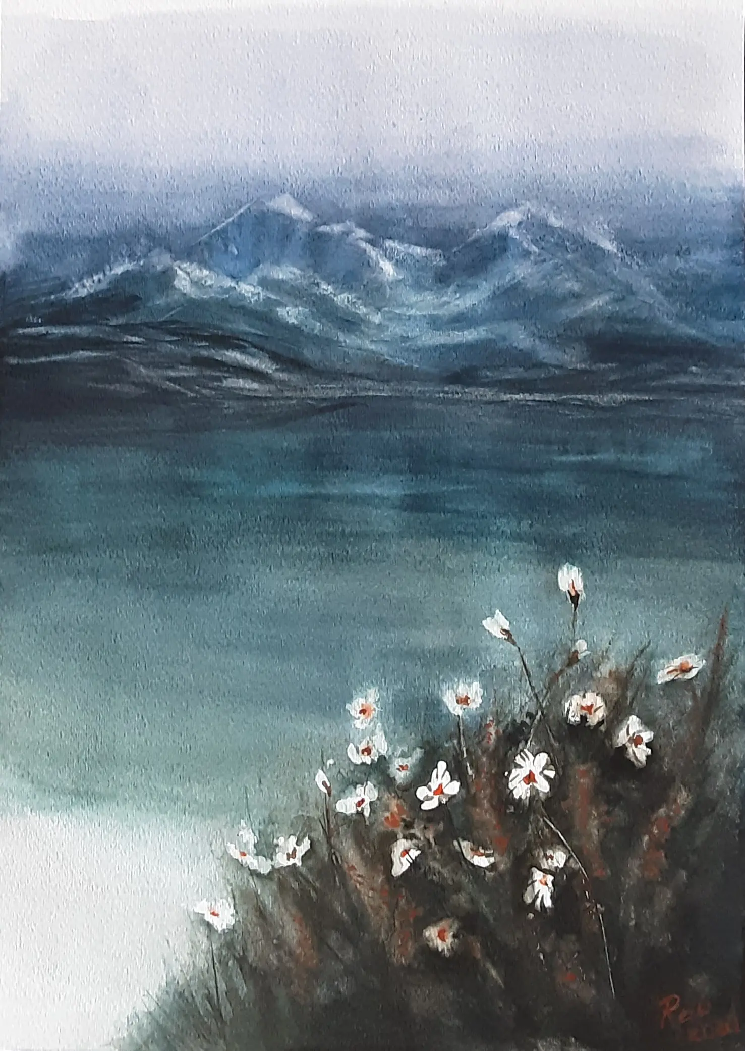 Jezero v horach. akvarel. 30x40